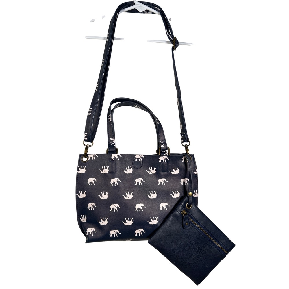 GH Bass Navy Blue Elephant Print Tote Bag Matching Zipper Pouch Set Boho Animals